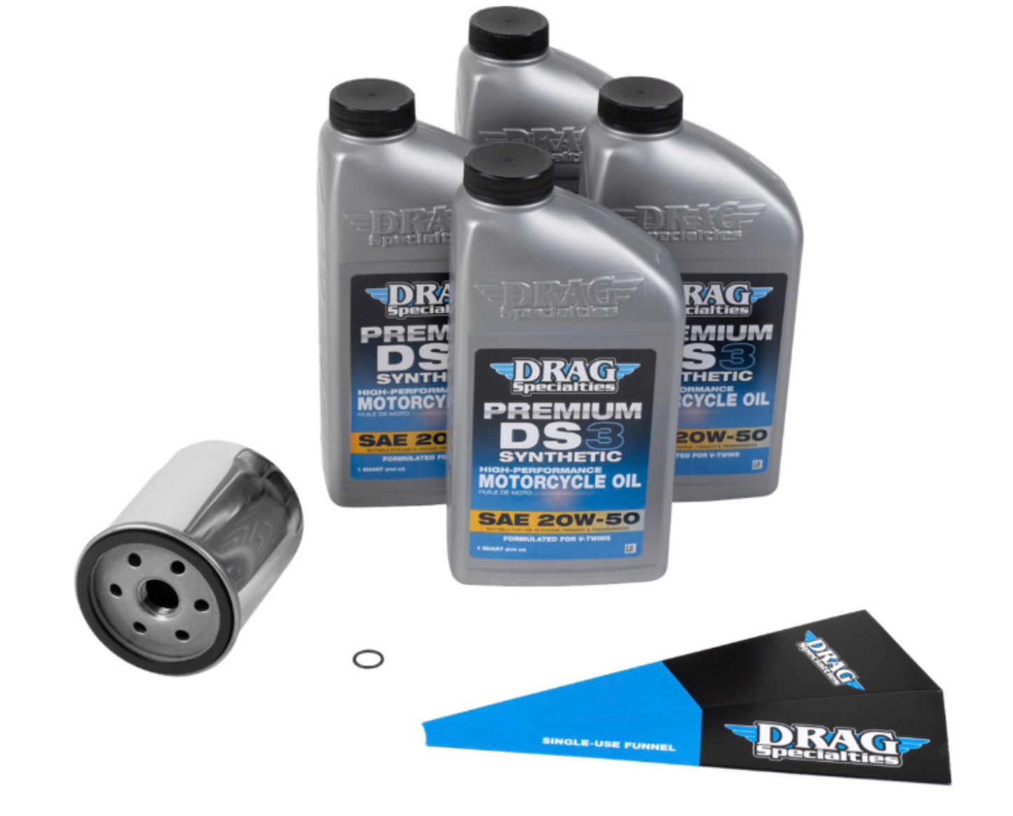 DRAG SPECIALTIES OIL
3601-1037Oil Change Kit
Full Synthetic Oil Change Kit - 20W50 - EVO-XL - Chrome Filter