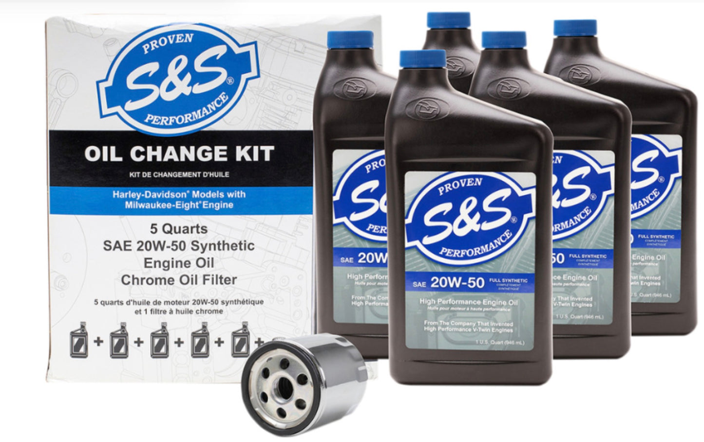 S&S Oil Change Kit
Oil Change Kit - Chrome Filter - M8 - 5 US quarts