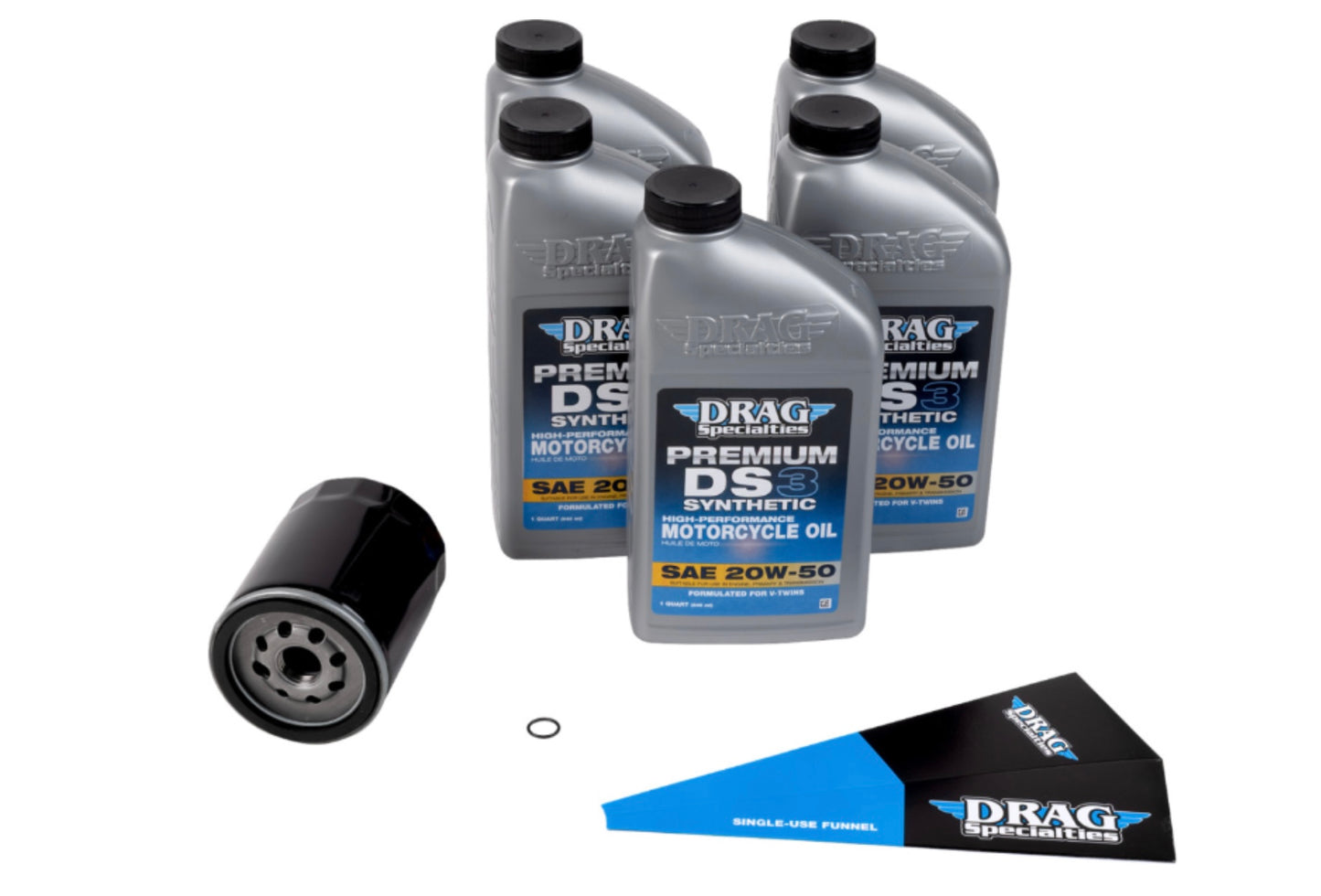 DRAG SPECIALTIES OIL
3601-1042Oil Change Kit
Full Synthetic Oil Change Kit - 20W50 - M8 - Black Filter