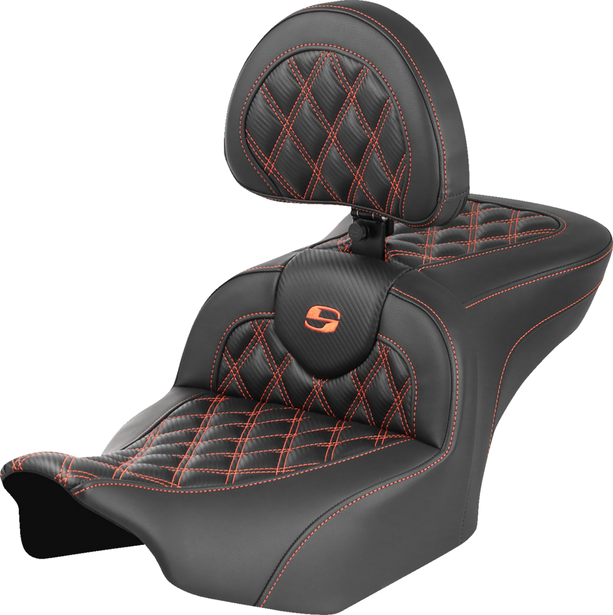 RoadSofa™ Seat - with Backrest - Carbon Fiber - Lattice Stitch - Orange Stitch - FLTR/FLHX '23-'24
