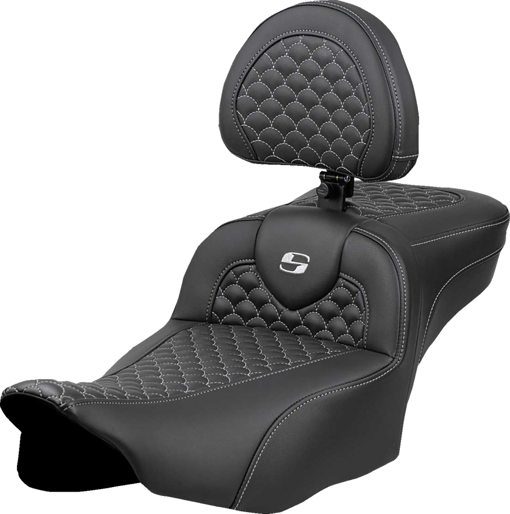 Roadsofa™ Extended Reach Seat - Dragon Scale Stitch - Silver Stitch - w/ Backrest - FLT/FLH '23-'24