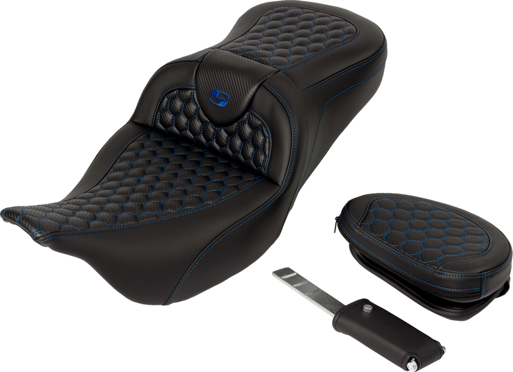RoadSofa™ Seat - Honeycomb - Blue Stitch - with Backrest - FLH/FLT '08-'23