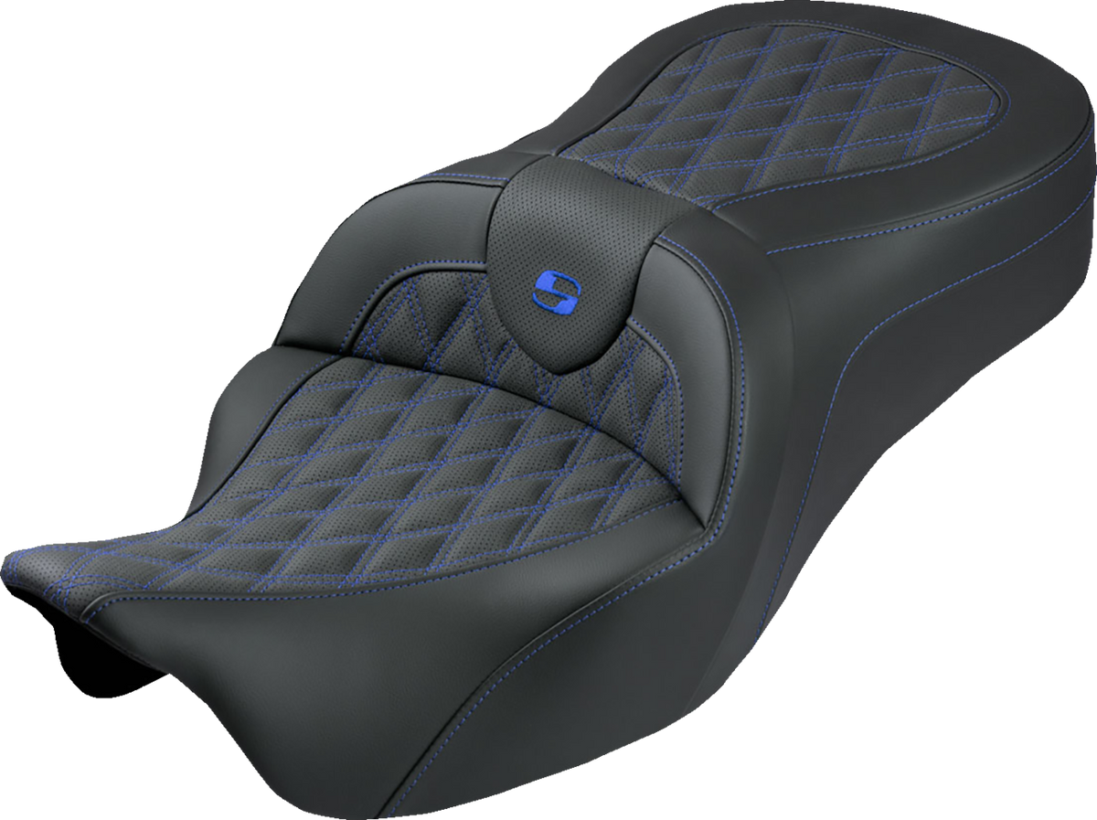 Roadsofa™ King Seat - Without Backrest - Lattice Stitch - Blue Stitch - FLH/FLT '08-'25