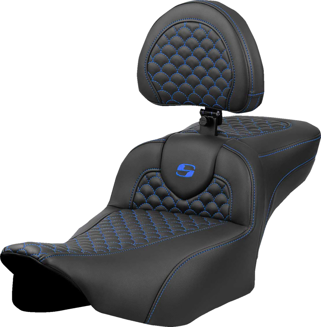 Roadsofa™ Extended Reach Seat - Dragon Scale Stitch - Blue Stitch - w/ Backrest - FLTR/FLHX '23-'24