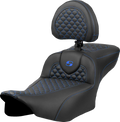Roadsofa™ Extended Reach Seat - Dragon Scale Stitch - Blue Stitch - w/ Backrest - FLTR/FLHX '23-'24