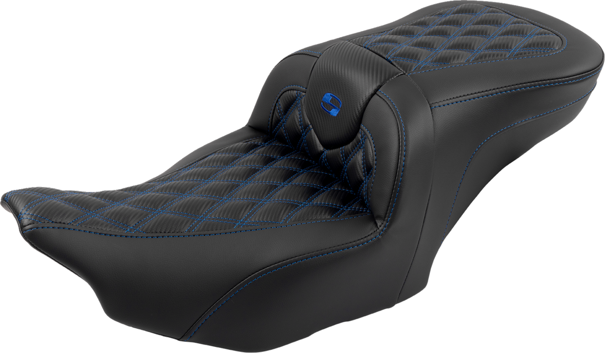 RoadSofa™ Seat - with Backrest - Carbon Fiber - Lattice Stitch - Blue Stitch - FLTR/FLHX '23-'24