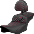 Roadsofa™ Extended Reach Seat - Dragon Scale Stitch - Red Stitch - w/ Backrest - FLTR/FLHX '23-'24