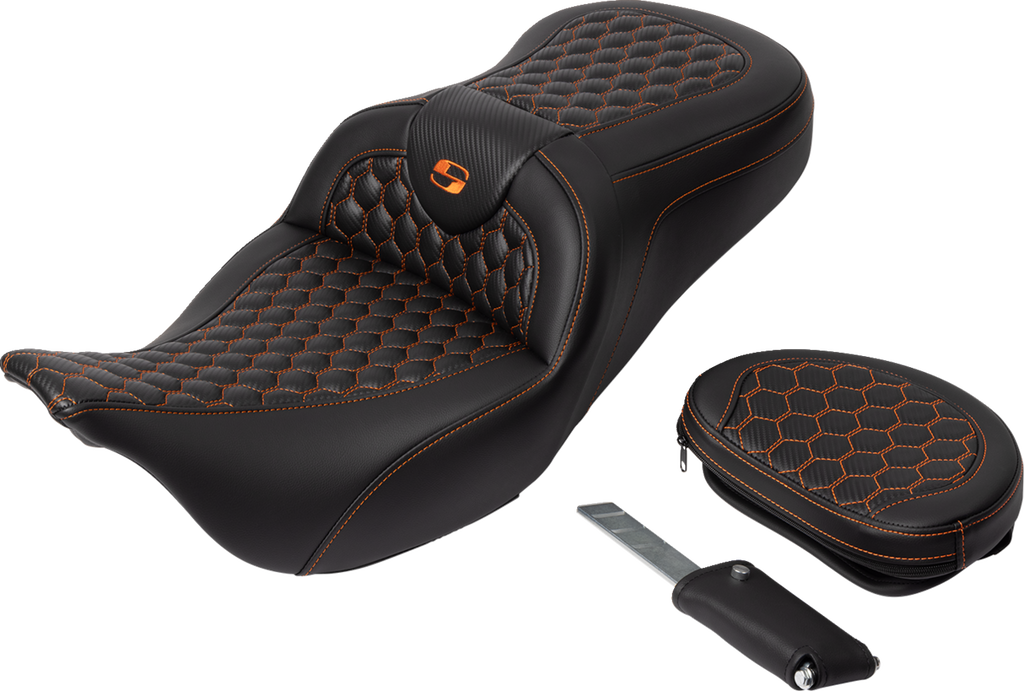 RoadSofa™ Seat - Honeycomb - Orange Stitch - with Backrest - FLH/FLT '08-'23