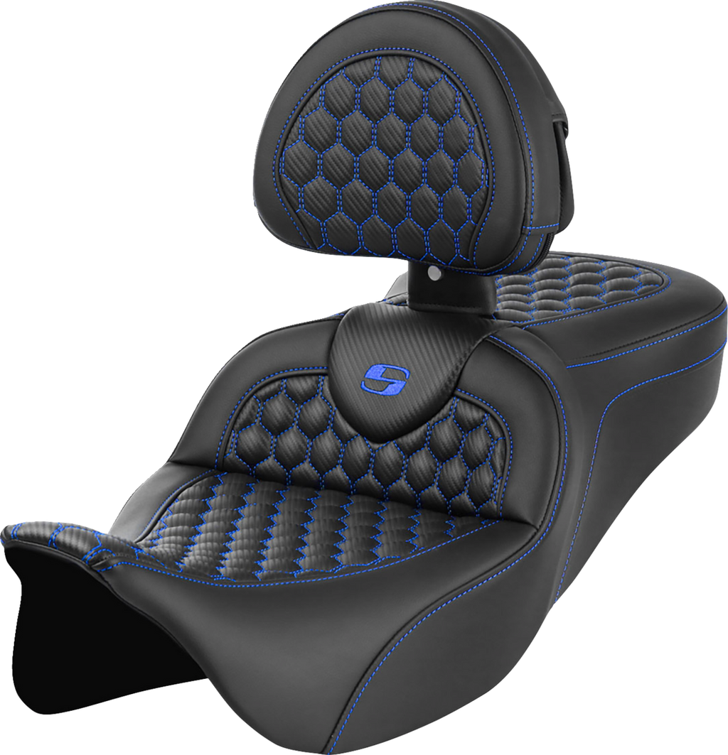 RoadSofa™ Seat - Honeycomb - Blue Stitch - with Backrest - FLH/FLT '08-'23