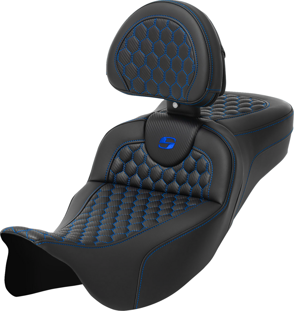 RoadSofa™ Seat - Honeycomb - Blue Stitch - with Backrest - Extended Reach - FLH/FLT '08-'24
