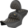 Roadsofa™ Seat - Carbon Fiber - with Backrest - Gold Lattice Stitch - FLH/FLT '23-'25