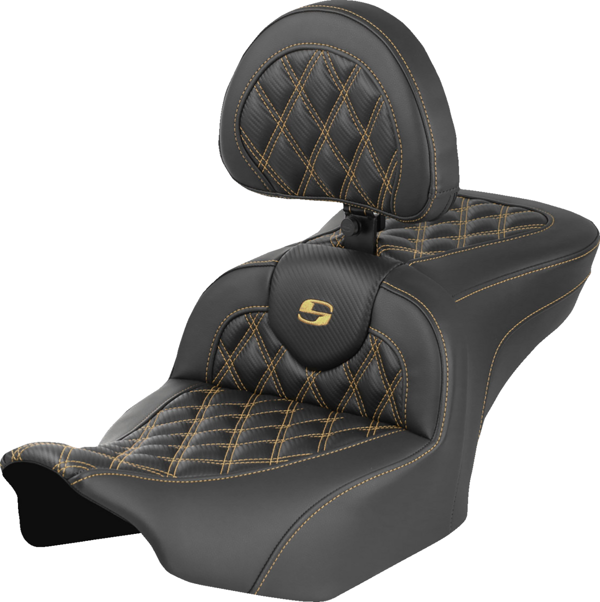 Roadsofa™ Seat - Carbon Fiber - with Backrest - Gold Lattice Stitch - FLH/FLT '23-'25
