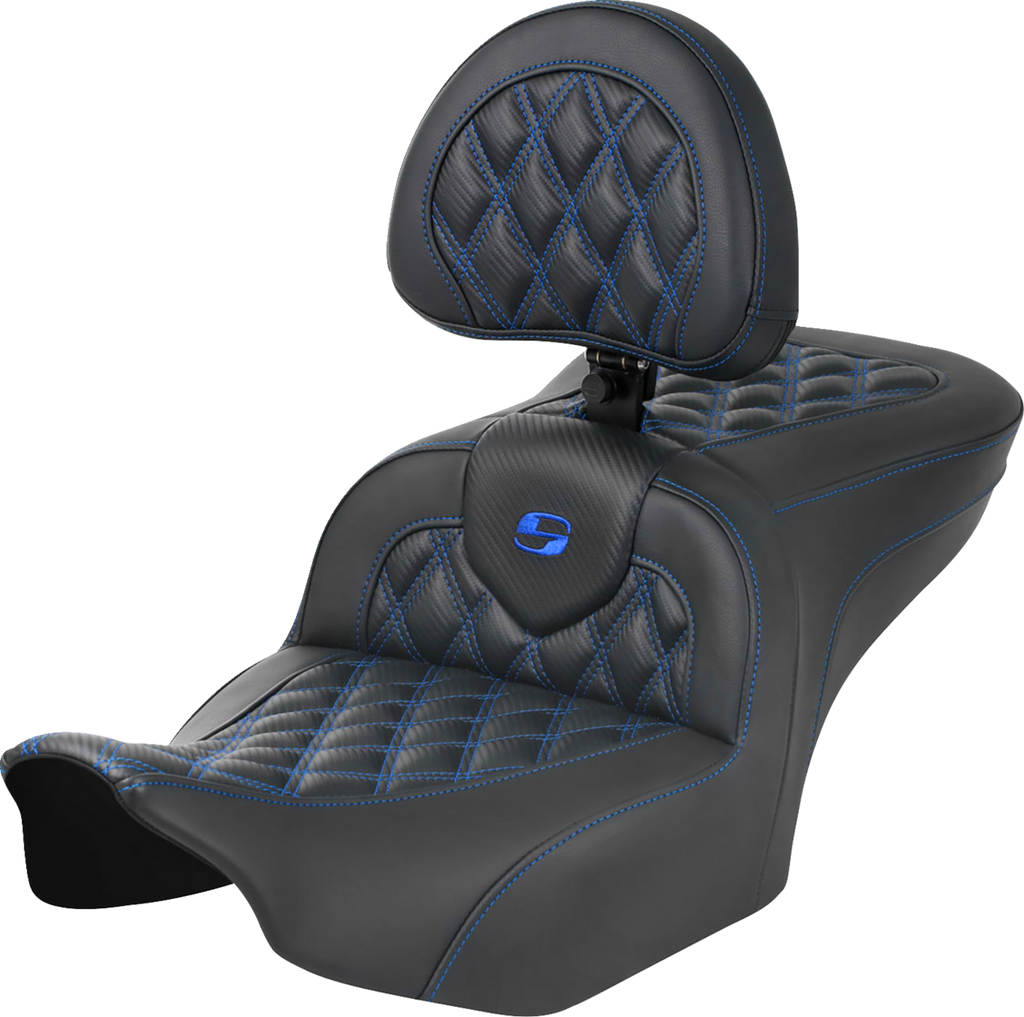 RoadSofa™ Seat - with Backrest - Carbon Fiber - Lattice Stitch - Blue Stitch - FLTR/FLHX '23-'24