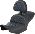 RoadSofa™ Seat - with Backrest - Carbon Fiber - Lattice Stitch - Blue Stitch - FLTR/FLHX '23-'24