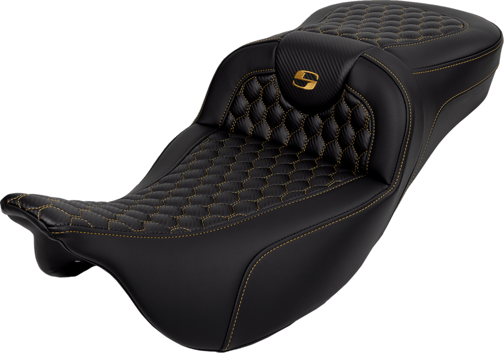 RoadSofa™ Seat - Honeycomb - Gold Stitch - Extended Reach - without Backrest - FLH/FLT '08-'24
