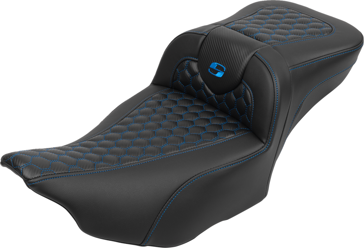 Roadsofa™ Extended Reach Seat - with Backrest - Honeycomb - Blue Stitch - FLTR/FLHX '23-'24