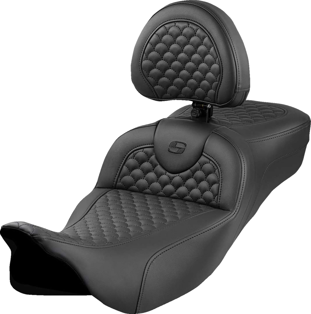 Roadsofa™ Extended Reach Seat - Dragon Scale Stitch - Black Stitch - w/ Backrest - FLH/FLT '08-'24