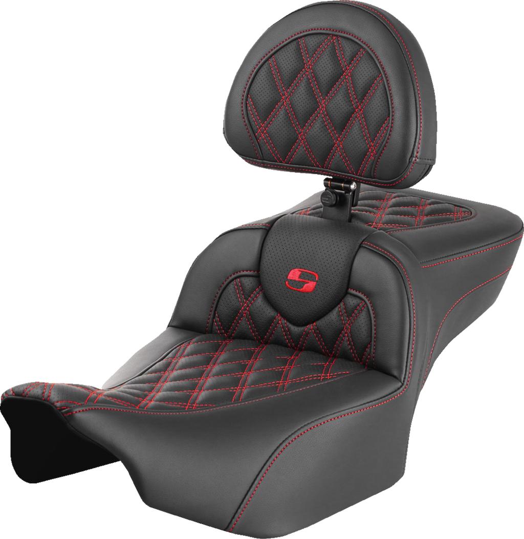 Roadsofa™ Extended Reach Seat - with Backrest - Lattice Stitch - Red Stitch - FLTR/FLHX '23-'24