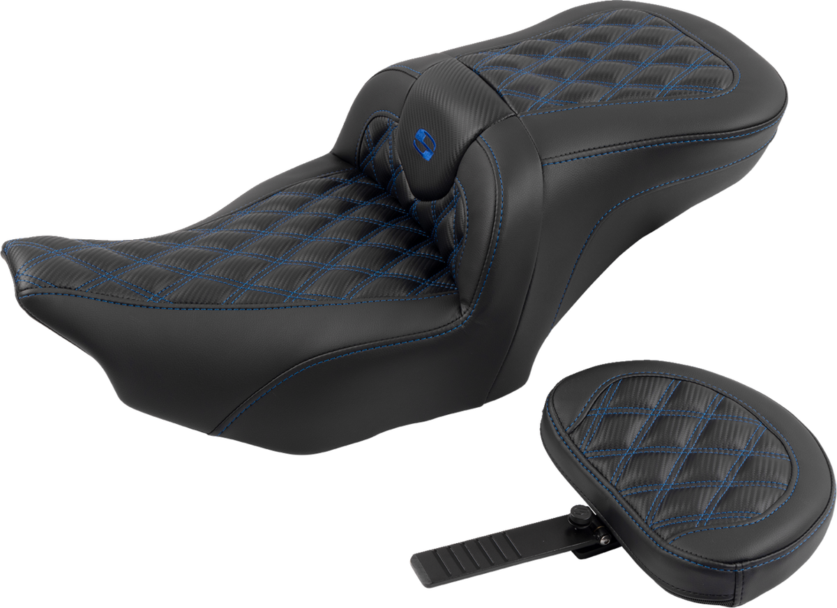 RoadSofa™ Seat - with Backrest - Carbon Fiber - Lattice Stitch - Blue Stitch - FLTR/FLHX '23-'24