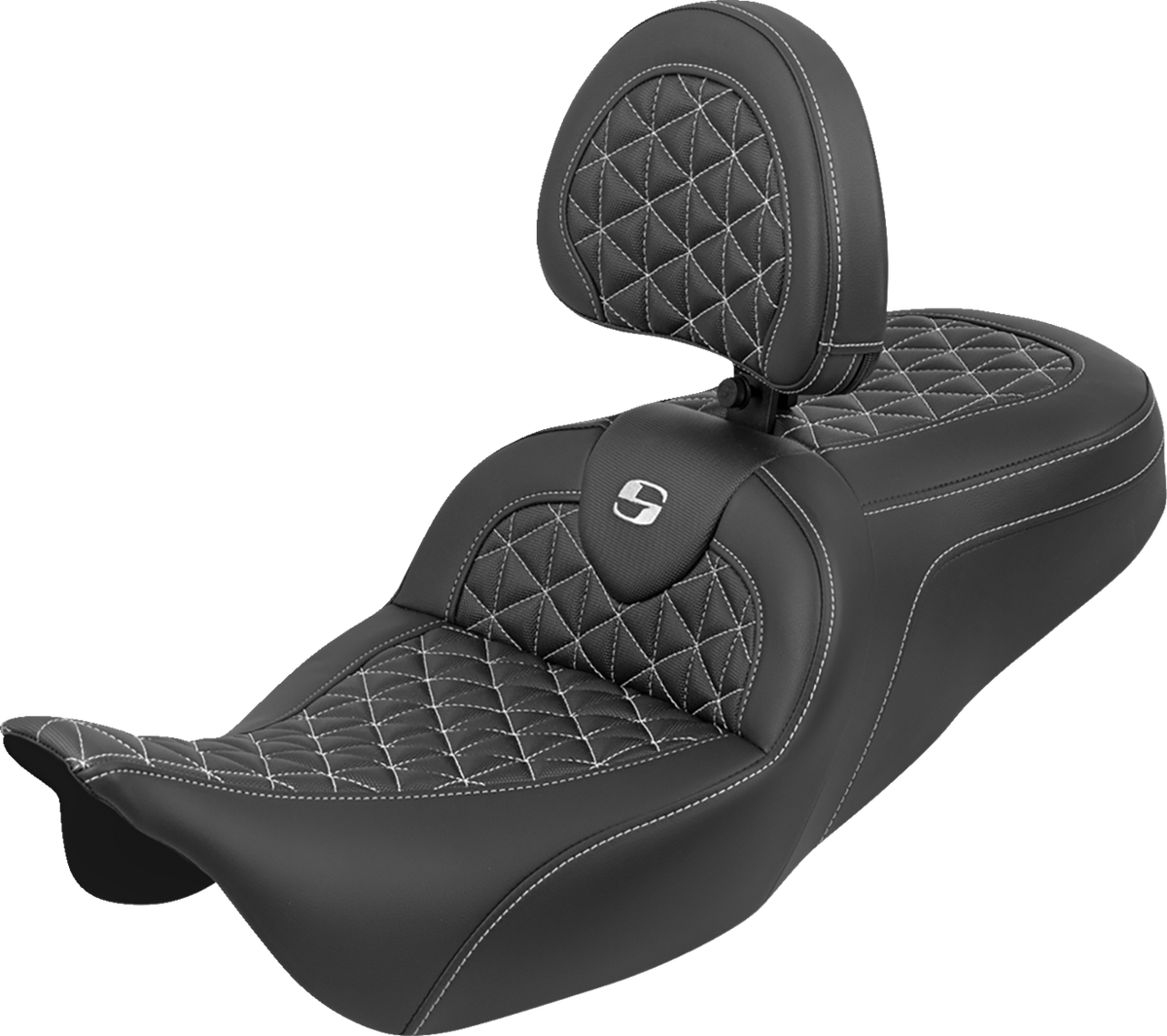 RoadSofa™ Tri Gripper Seat - Standard Reach - White Stitch - w/ Backrest - FLH/FLT '08-'25