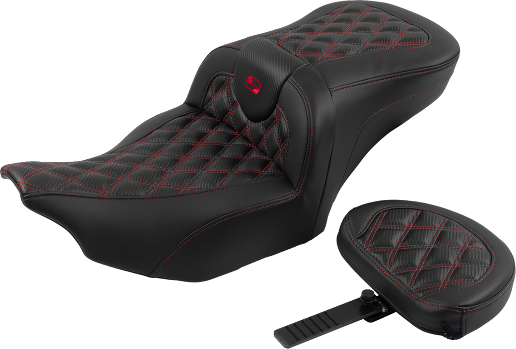 RoadSofa™ Seat - with Backrest - Carbon Fiber - Lattice Stitch - Red Stitch - FLTR/FLHX '23-'24
