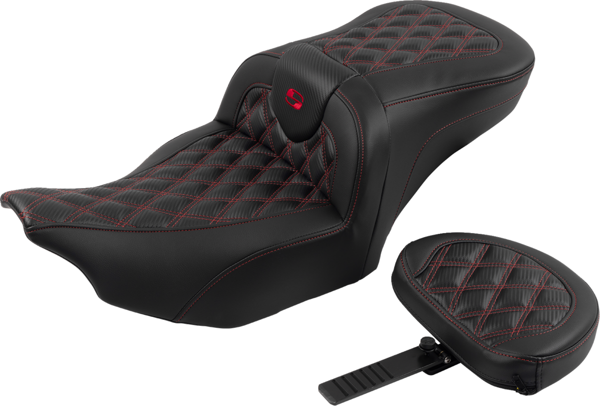 RoadSofa™ Seat - with Backrest - Carbon Fiber - Lattice Stitch - Red Stitch - FLTR/FLHX '23-'24