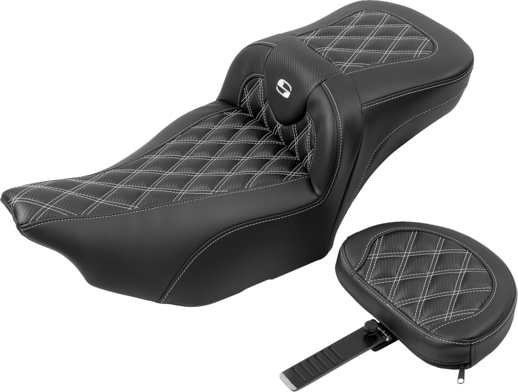 Roadsofa™ Extended Reach Seat - with Backrest - Lattice Stitch - White Stitch - FLTR/FLHX '23-'24