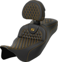 RoadSofa™ Seat - Honeycomb - Gold Stitch - with Backrest - Extended Reach - FLH/FLT '08-'24