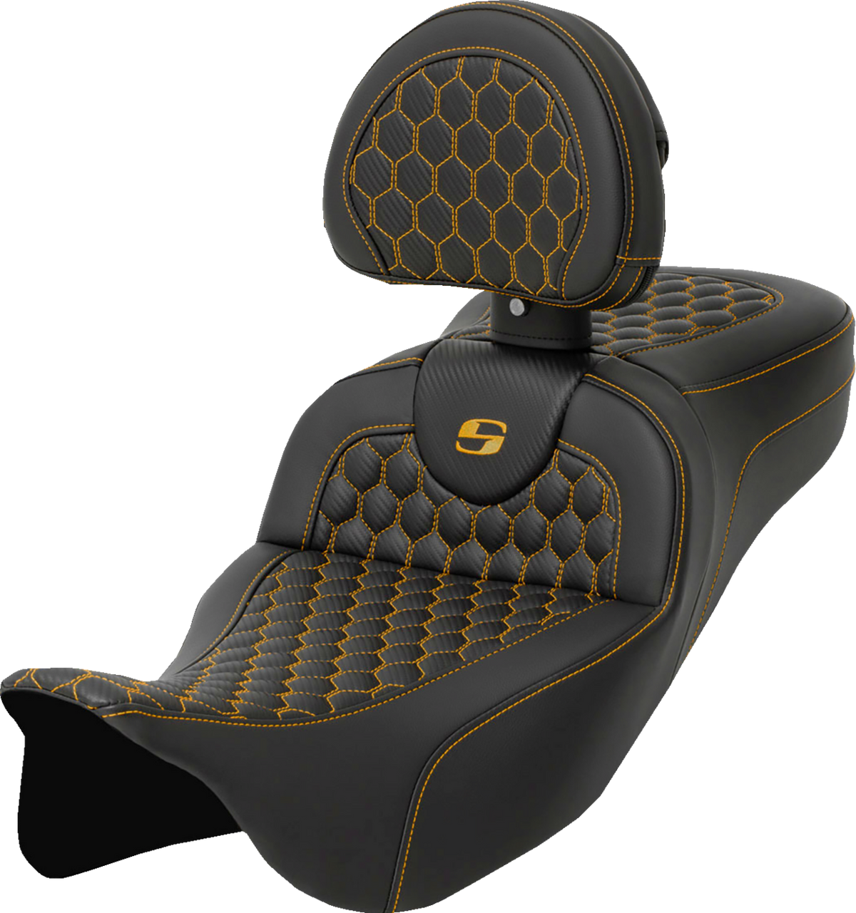 RoadSofa™ Seat - Honeycomb - Gold Stitch - with Backrest - Extended Reach - FLH/FLT '08-'24