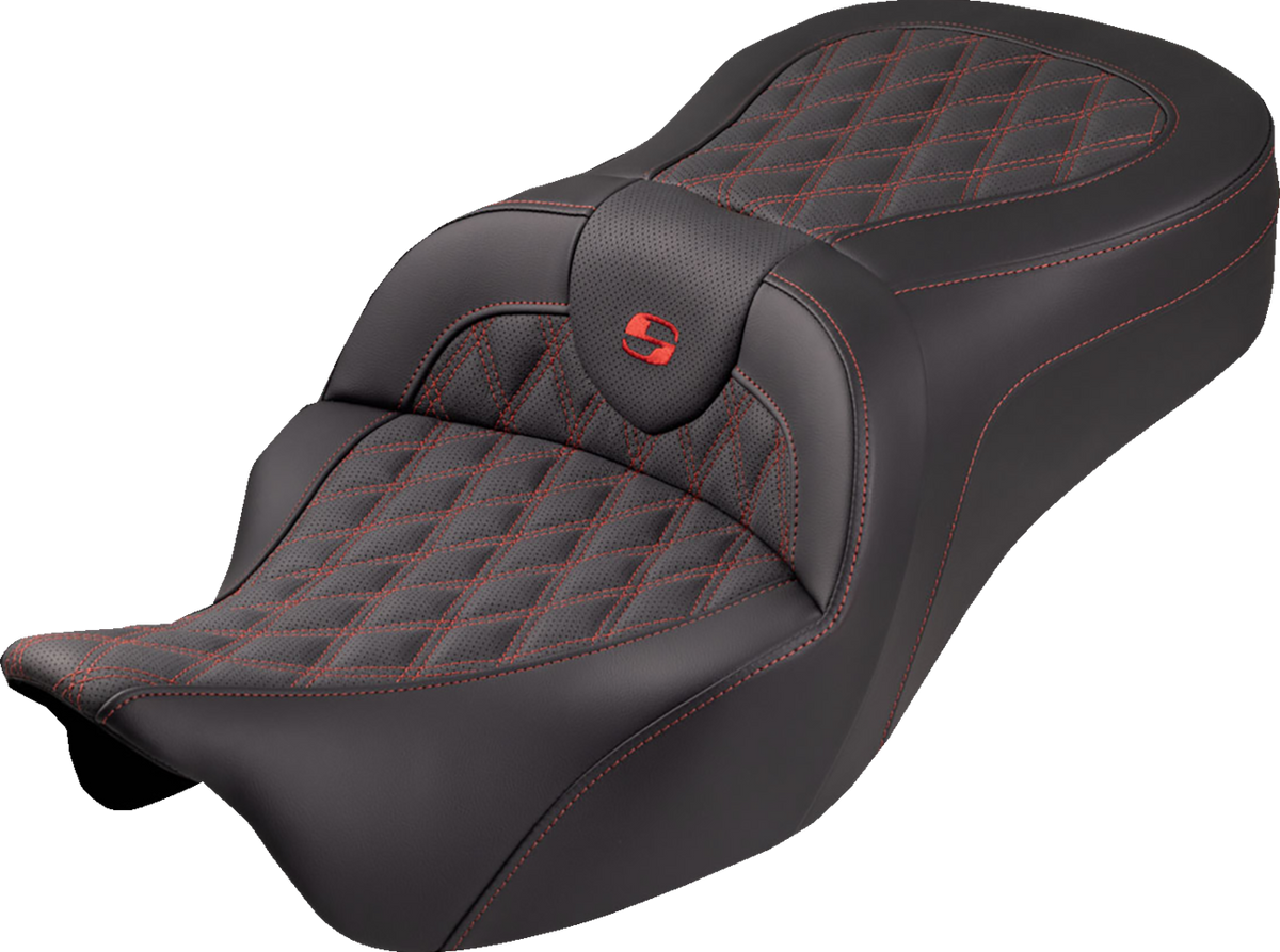 Roadsofa™ King Seat - Without Backrest - Lattice Stitch - Red Stitch - FLH/FLT '08-'25