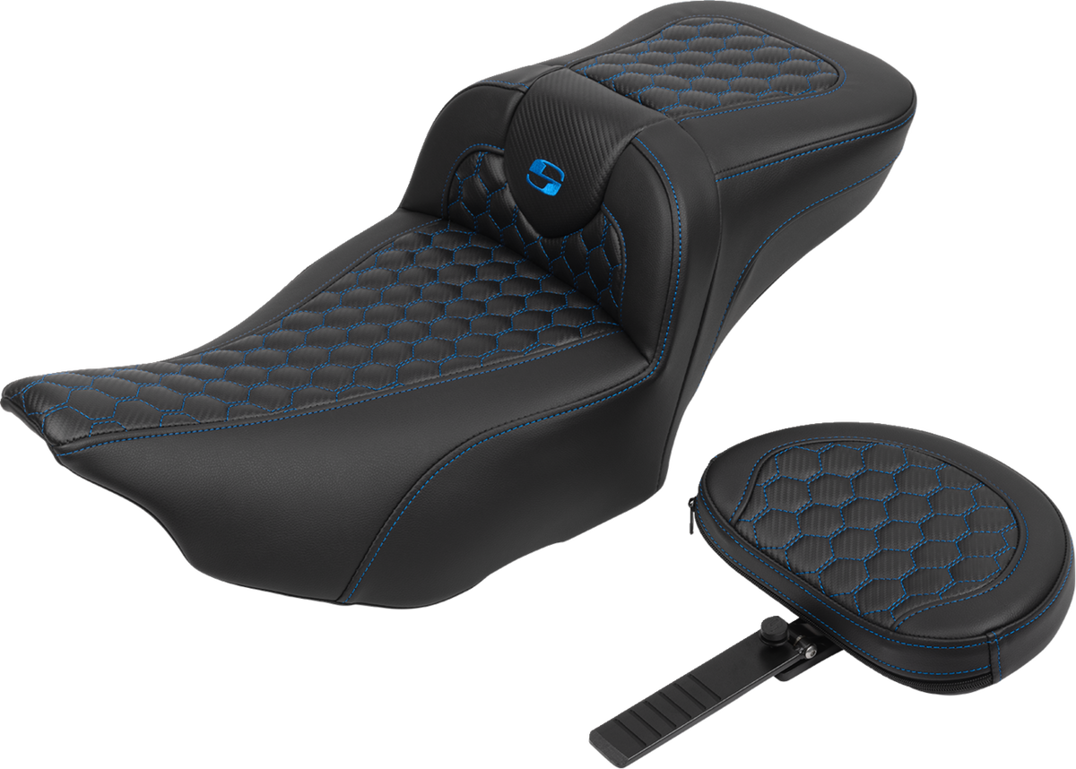 Roadsofa™ Extended Reach Seat - with Backrest - Honeycomb - Blue Stitch - FLTR/FLHX '23-'24