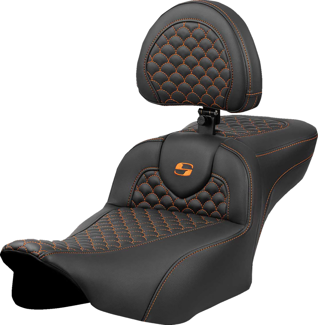 Roadsofa™ Extended Reach Seat - Dragon Scale Stitch - Orange Stitch - w/ Backrest - FLT/FLH '23-'24