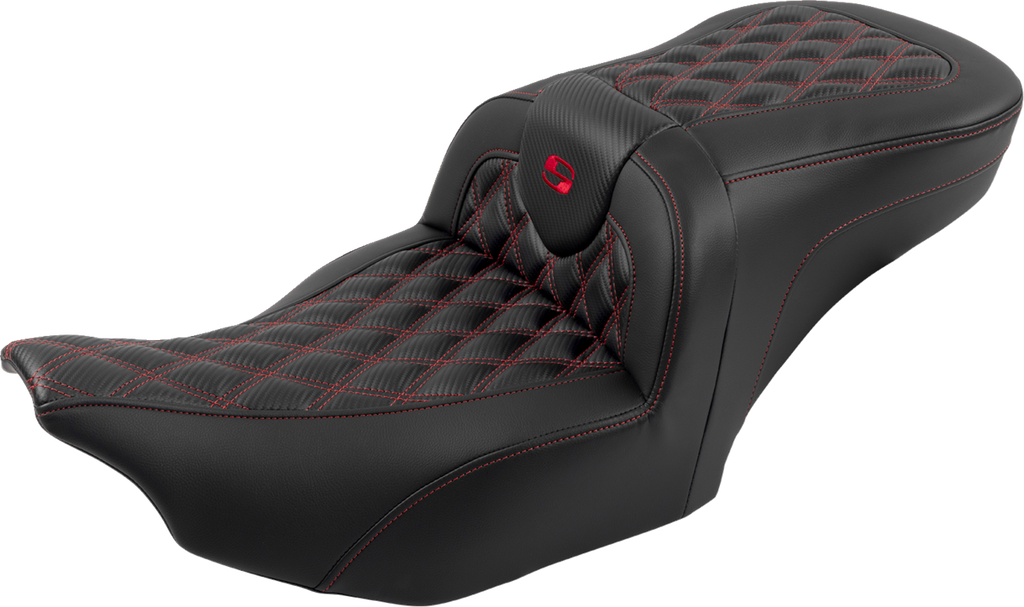RoadSofa™ Seat - with Backrest - Carbon Fiber - Lattice Stitch - Red Stitch - FLTR/FLHX '23-'24