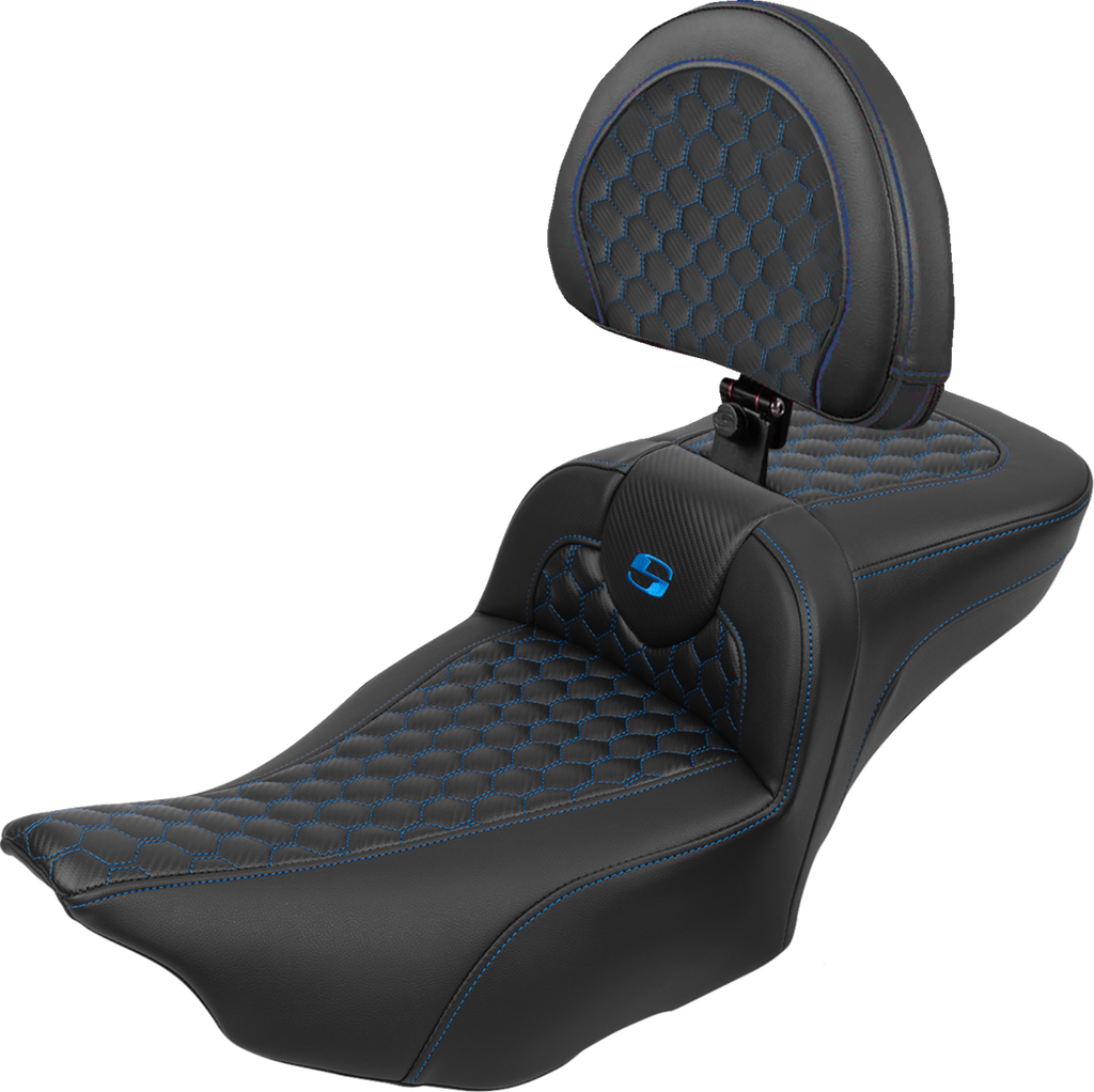 Roadsofa™ Extended Reach Seat - with Backrest - Honeycomb - Blue Stitch - FLTR/FLHX '23-'24