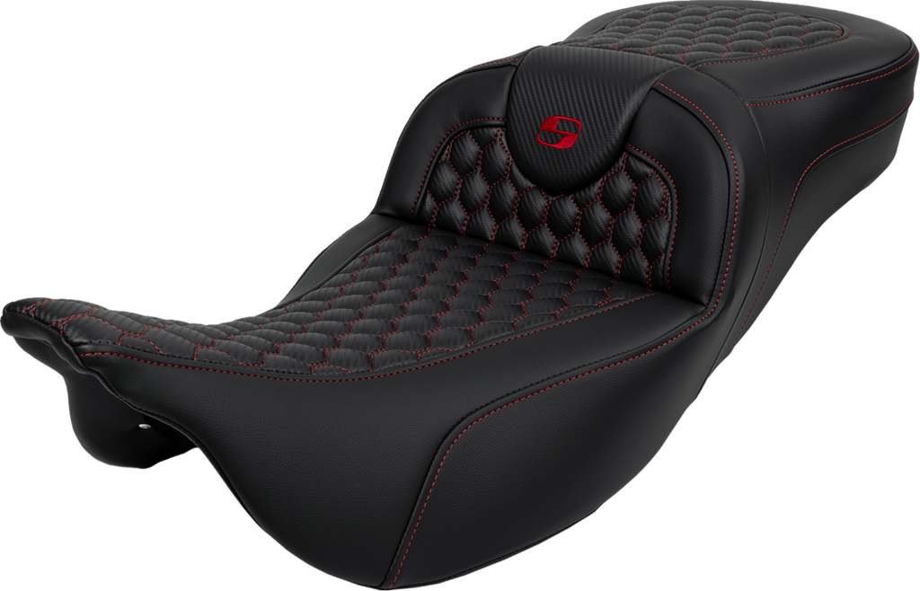 RoadSofa™ Seat - Honeycomb - Red Stitch - Extended Reach - without Backrest - FLH/FLT '08-'24