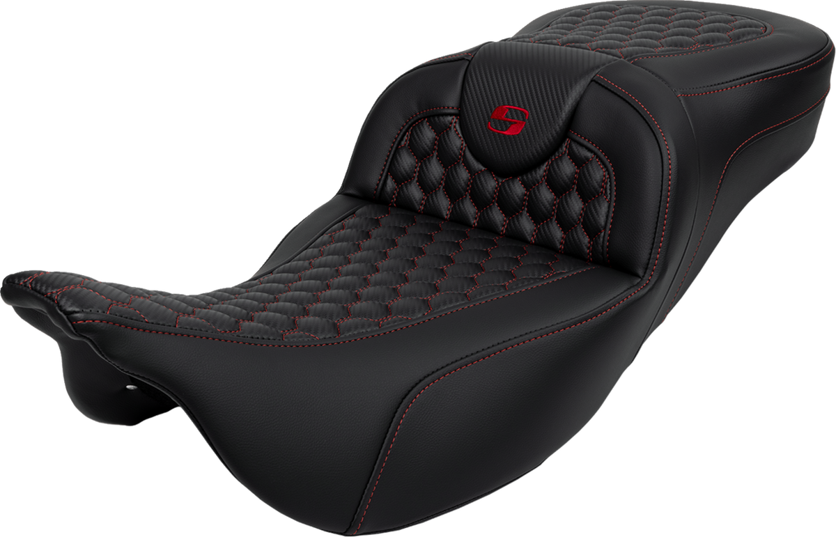 RoadSofa™ Seat - Honeycomb - Red Stitch - Extended Reach - without Backrest - FLH/FLT '08-'24