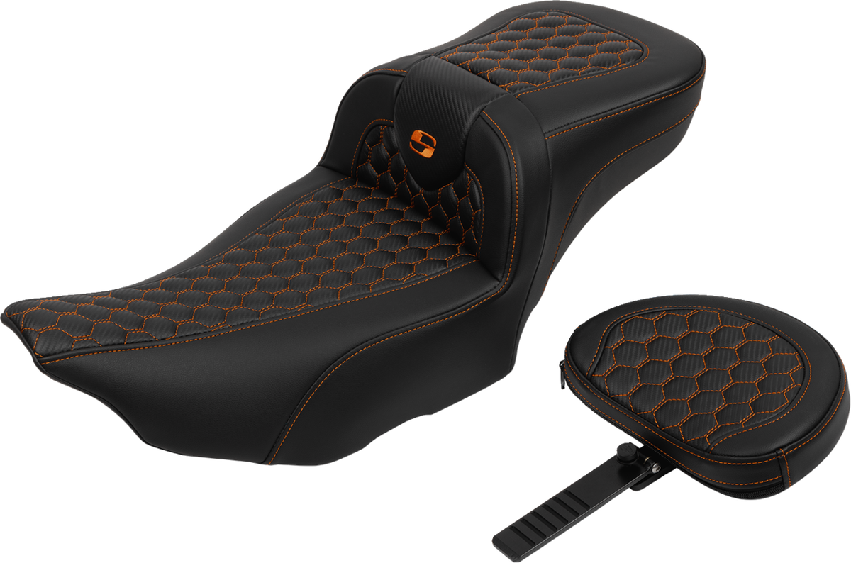 Roadsofa™ Extended Reach Seat - with Backrest - Honeycomb - Orange Stitch - FLTR/FLHX '23-'24