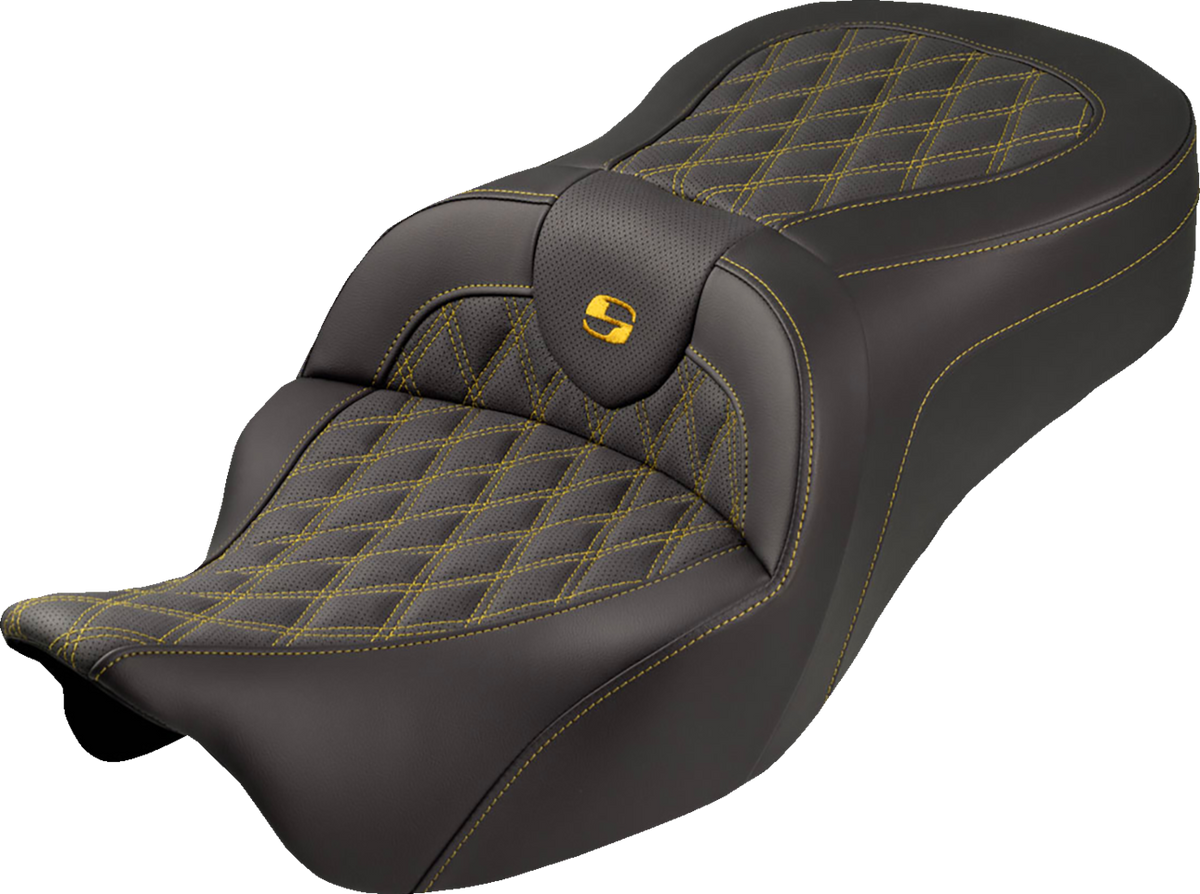 Roadsofa™ King Seat - Without Backrest - Lattice Stitch - Gold Stitch - FLH/FLT '08-'25