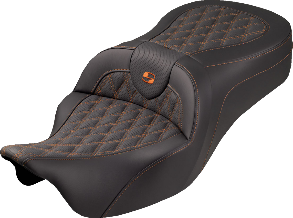 Roadsofa™ King Seat - Without Backrest - Lattice Stitch - Orange Stitch - FLH/FLT '08-'25