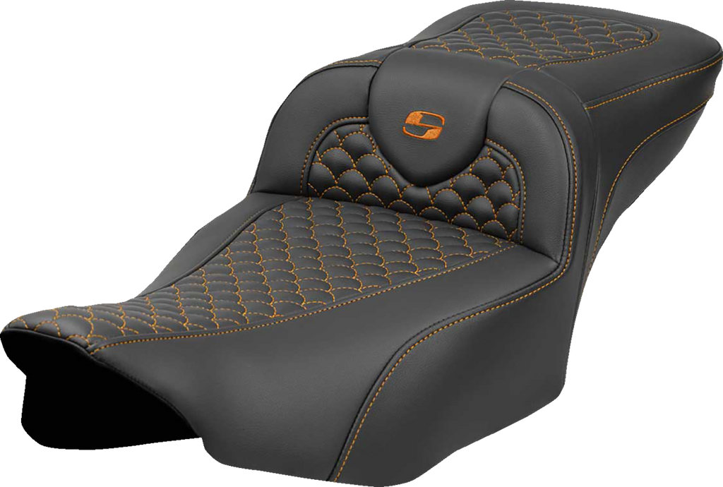 Roadsofa™ Extended Reach Seat - Dragon Scale Stitch - Orange Stitch - w/o Backrest - FLT/FLH '23-'24