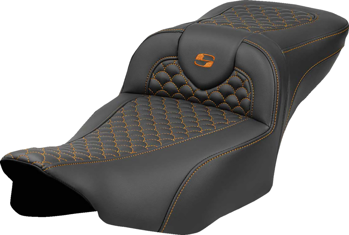 Roadsofa™ Extended Reach Seat - Dragon Scale Stitch - Orange Stitch - w/o Backrest - FLT/FLH '23-'24