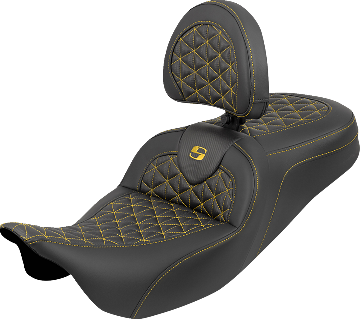 RoadSofa™ Tri Gripper Seat - Standard Reach - Gold Stitch - w/ Backrest - FLH/FLT '08-'25