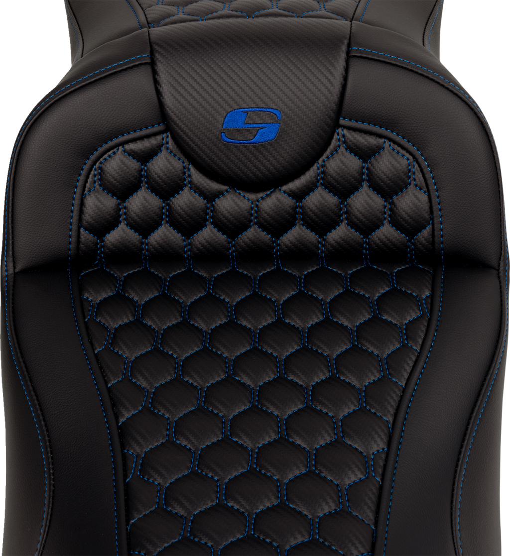RoadSofa™ Seat - Honeycomb - Blue Stitch - Extended Reach - without Backrest - FLH/FLT '08-'24