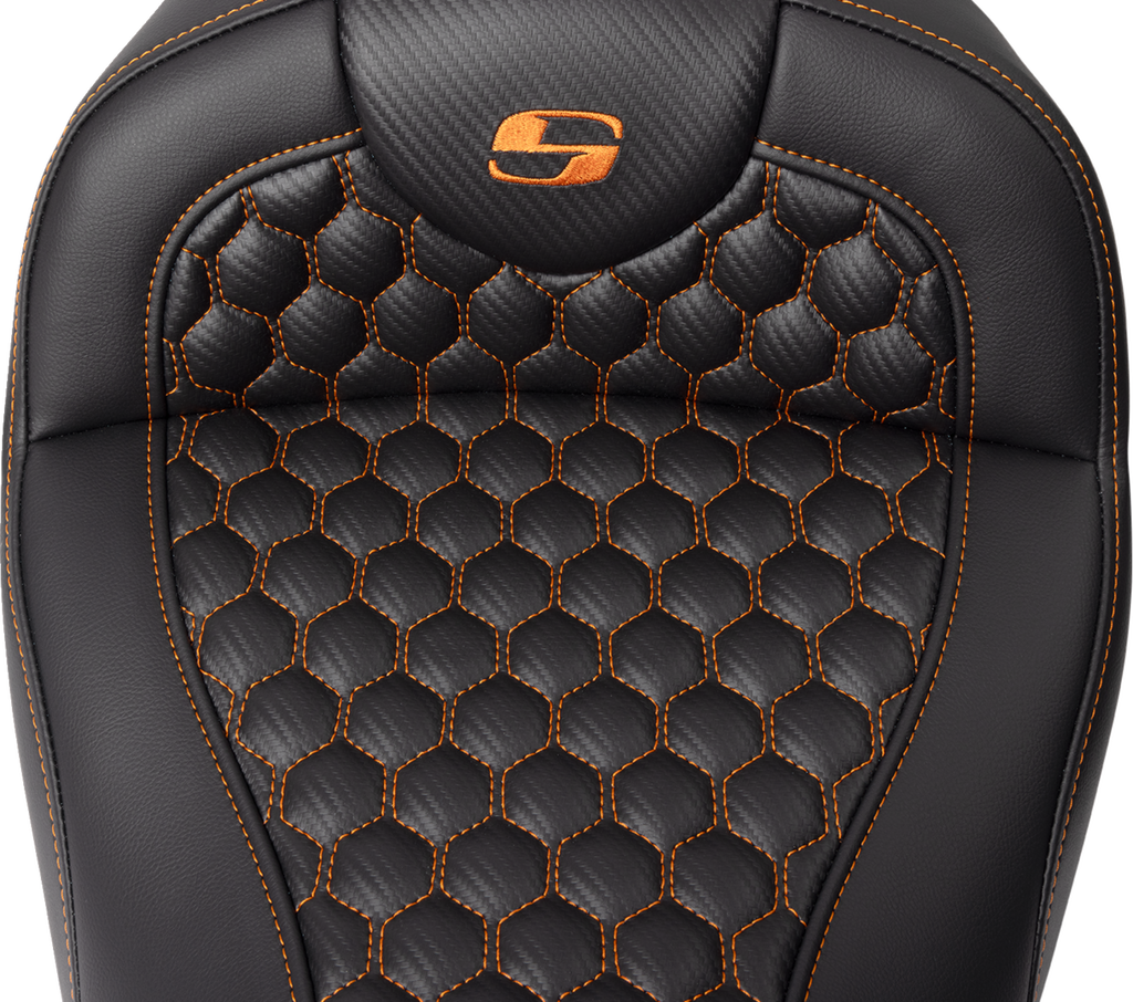RoadSofa™ Seat - Honeycomb - Orange Stitch - with Backrest - FLH/FLT '08-'23