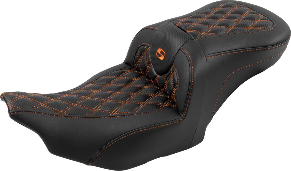 RoadSofa™ Seat - with Backrest - Carbon Fiber - Lattice Stitch - Orange Stitch - FLTR/FLHX '23-'24