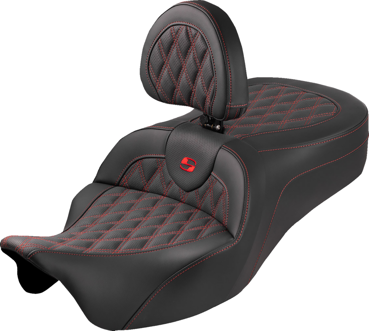 Roadsofa™ King Seat - With Backrest - Lattice Stitch - Red Stitch - FLH/FLT '08-'25