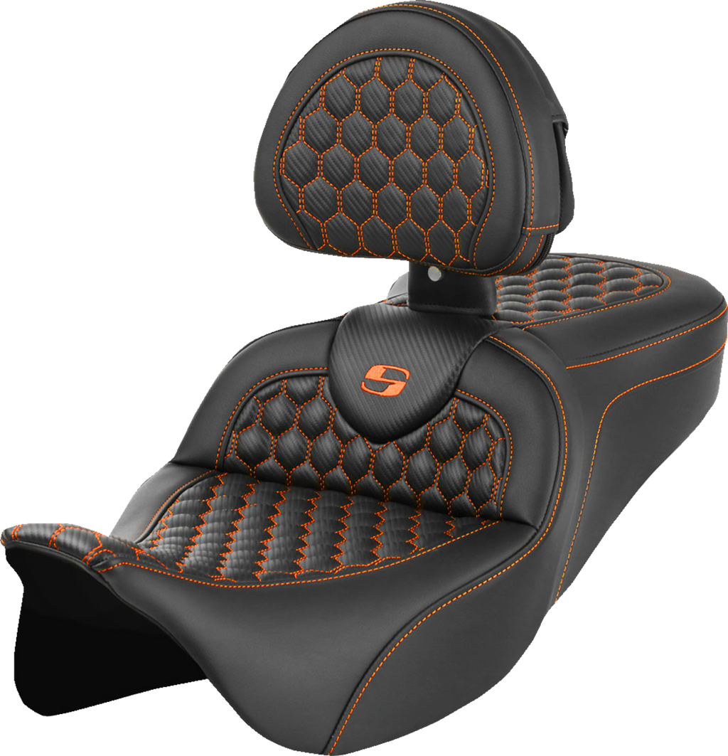 RoadSofa™ Seat - Honeycomb - Orange Stitch - with Backrest - FLH/FLT '08-'23
