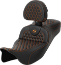 RoadSofa™ Seat - Honeycomb - Orange Stitch - with Backrest - Extended Reach - FLH/FLT '08-'24