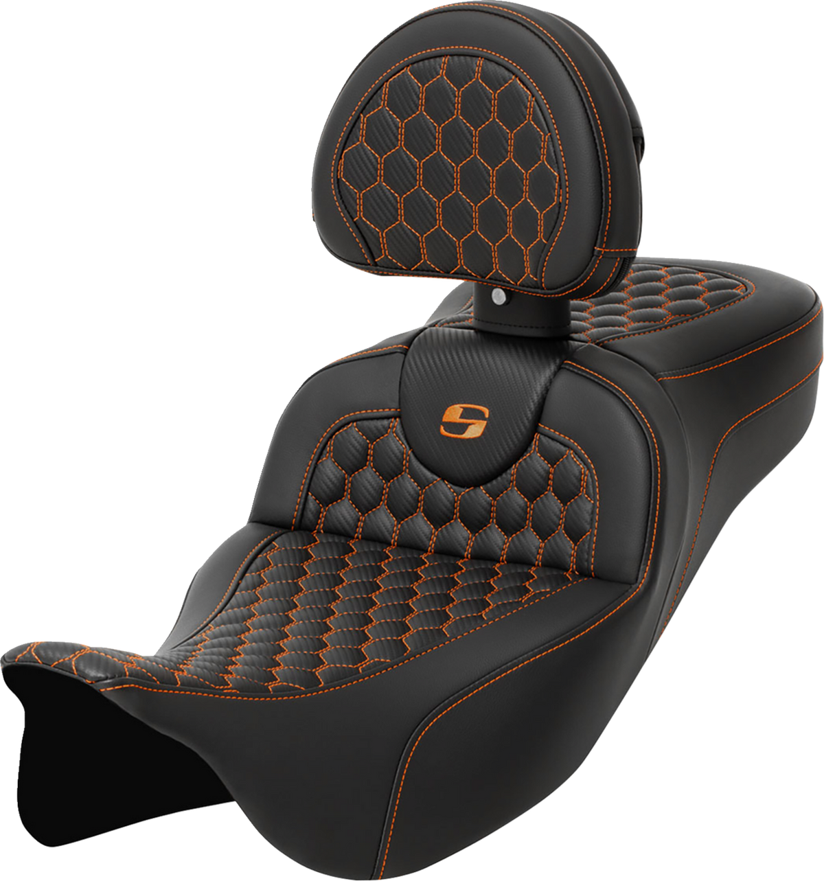 RoadSofa™ Seat - Honeycomb - Orange Stitch - with Backrest - Extended Reach - FLH/FLT '08-'24