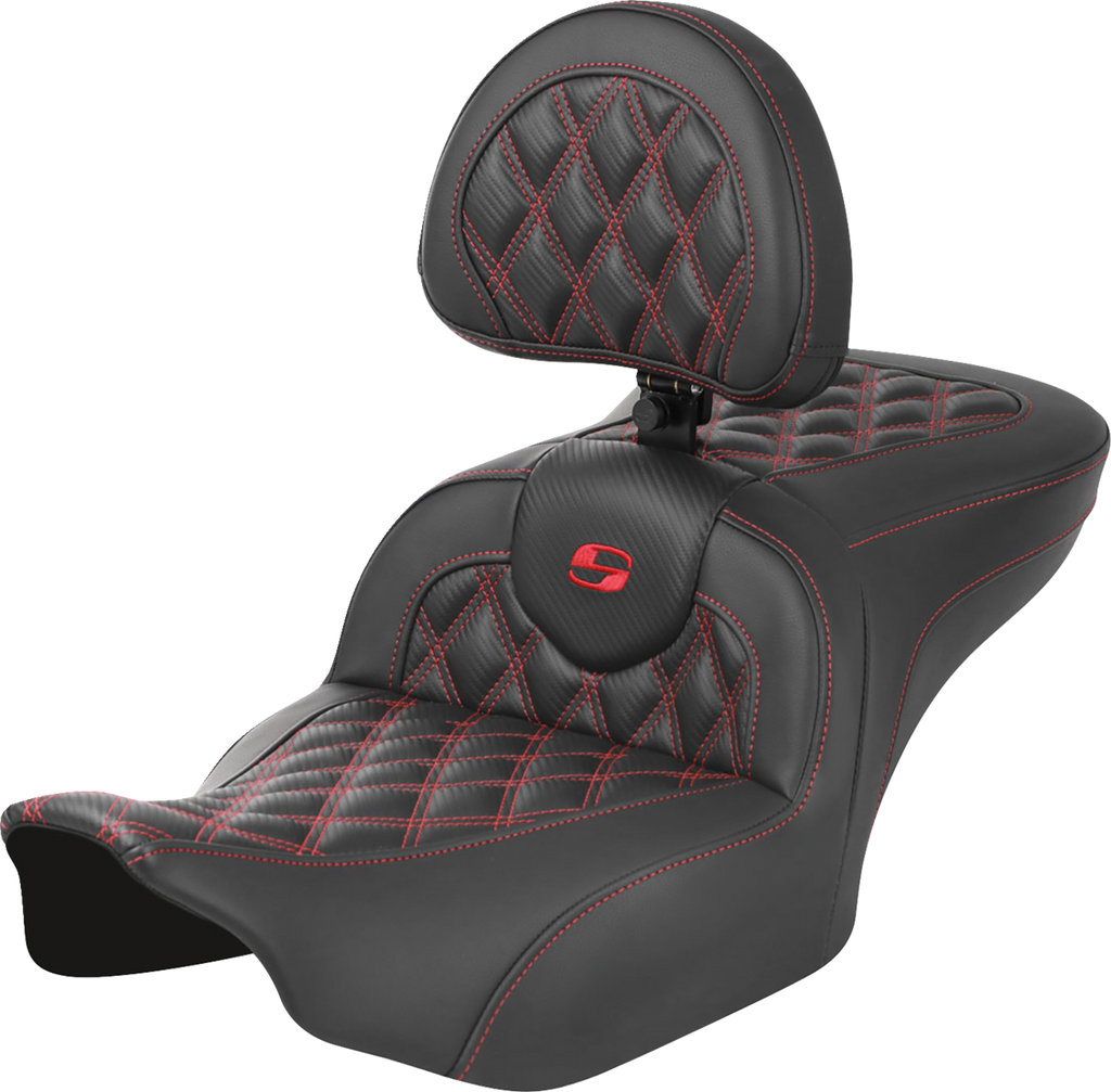 RoadSofa™ Seat - with Backrest - Carbon Fiber - Lattice Stitch - Red Stitch - FLTR/FLHX '23-'24